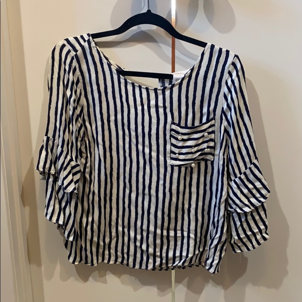Stripe Blouse with Pearl Pocket Accents